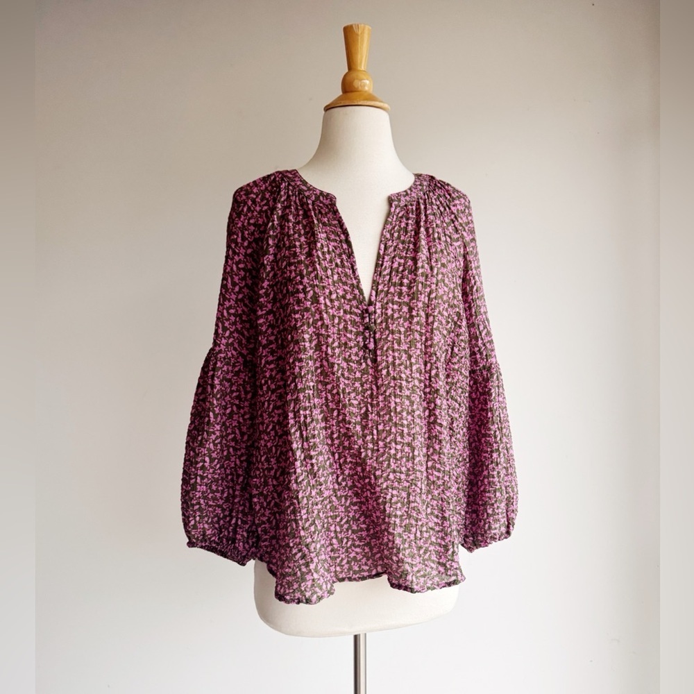 LOFT Purple & Green Floral Crinkle Blouse Balloon Sleeve | Large